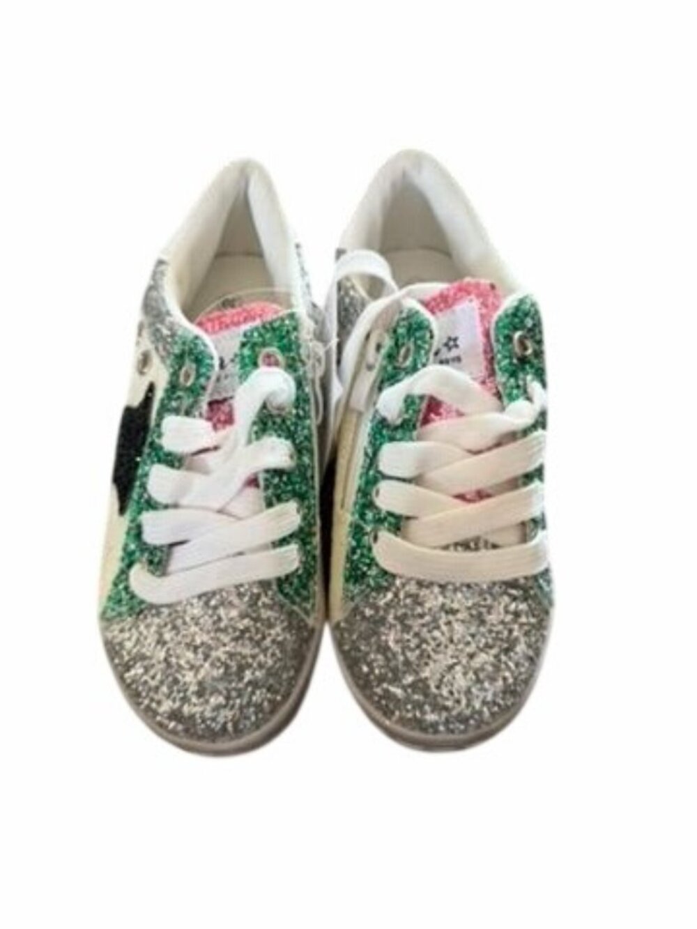 Lola & The Boys Star Silver Glitter Sneakers Size EU 30 With Green & Pink Accent - Picture 1 of 4